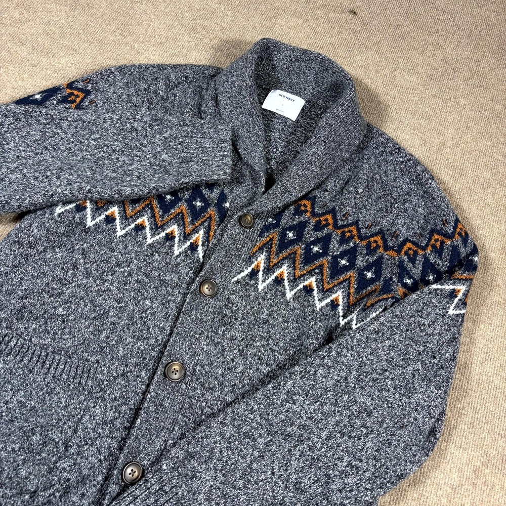 Old Navy Cardigan Sweater Mens Large Gray Fair Isle Shawl Collar Button Front